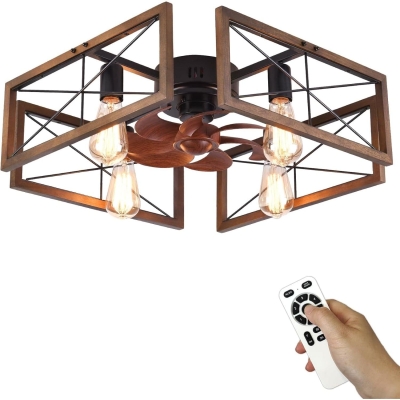 20 in. Farmhouse Caged Flush Mount Ceiling Fan with Light and Remote Control, Rustic Industrial Low Profile Ceiling Fans for Bedroom Living Room Kitchen