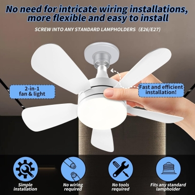 White Socket Fan Light with Remote, Dimmable Bedroom Ceiling Fans, Living Room Ceiling Fan with Light, Kitchen Ceiling Fans