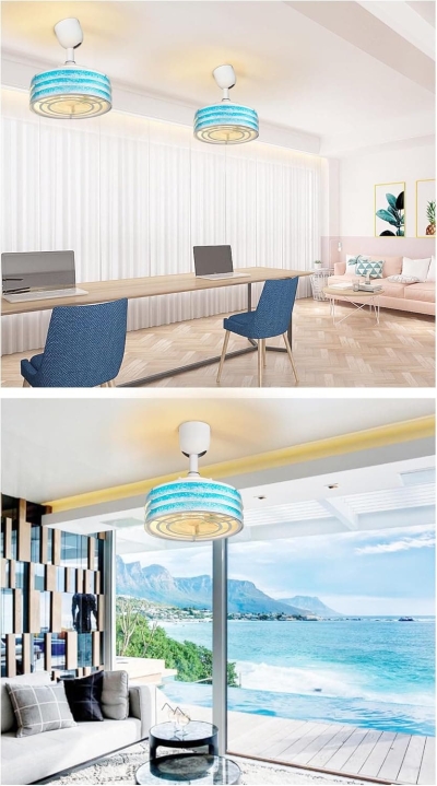 12 in. Ocean Waves Design Caged Coastal Ceiling Fans with Dimmable Light and Remote Control, Semi-Flush Mount Ceiling Fan for Bedroom Kitchen, Gazebo Fan
