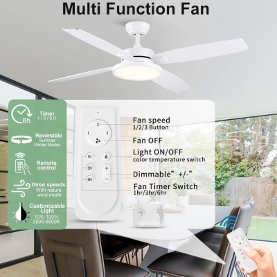 52 in. Ceiling Fan, White Ceiling Fan with Light, Modern Farmhouse Ceiling Fan with Light, Quiet Ceiling Fans, Dimmable Reversible Fan for Summer Winter