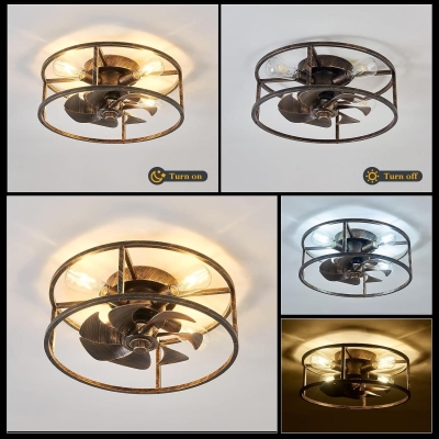 Farmhouse Bronze Caged Flush Mount Remote Control Fan, Metal Blade Low Profile Fan Ceiling Fan for Dining Room Bedroom Kitchen Living Room