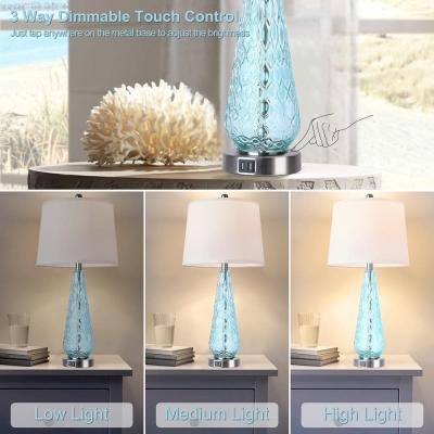 Set of 2 Modern Table Lamp  Bedside Lamp with Blue Glass Base White Fabric Shade, Dimmable Touch Table Lamp with USB Port for Living Room Bedroom
