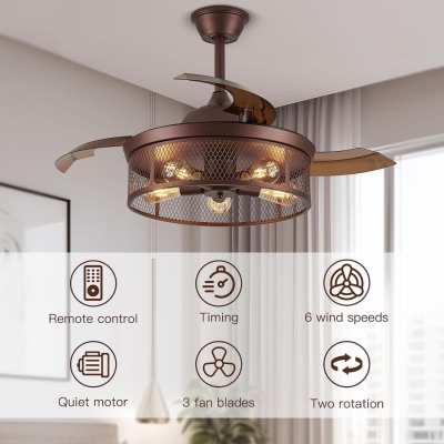 42 in. Retractable Fandelier Ceiling Fan with Light, Farmhouse Caged Ceiling Fan with Light, Rustic Ceiling Fans Chandelier for Dining Room Living Room