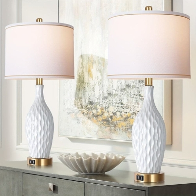 Set of 2 White Table NightStand Lamp with Linen Shade 3-Way Dimmable Touch Control  USB Ports, Modern Ceramic Nightstand Lamp for Bedroom Living Room