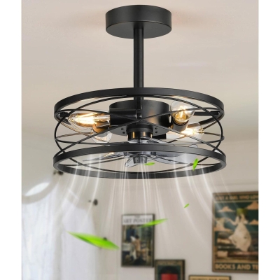 17 in. Matte Black Remote Control Fan, Caged Ceiling Fan with Light and Remote, Bladeless Industrial Ceiling Fan, Farmhouse Style Ceiling Fans with Lights