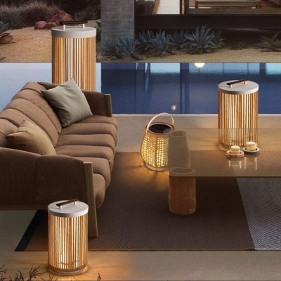 Rustproof Solar Outdoor Light with Handmade Rattan Lampshade and Wood Grain Handle, Perfect for Garden, Lawn, Porch, or Tabletop Decor