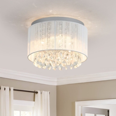 White Small Drum Shaped Flush Mount Light, Flush Mount Crystal Chandelier for Dining Room Living Room Foyer Bedroom Entrance