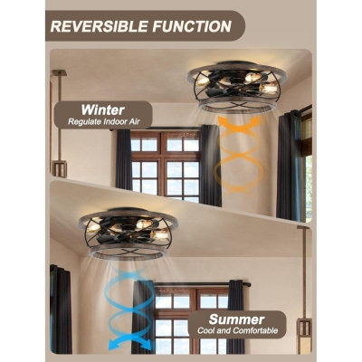 Farmhouse Drum Shape Wood Flush Mount Ceiling Fan with Light, French Country Ceiling Fan for Kitchen Island Dining Room Bedroom