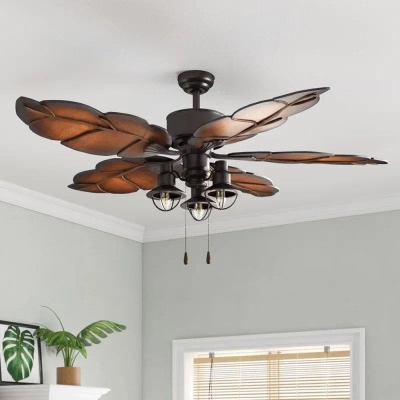 52 in. Tropical Indoor Outdoor Ceiling Fan with Light Kit Pull Chain Remote Control, Weather Resistant Bronze Ceiling Fan with Leaf Blade