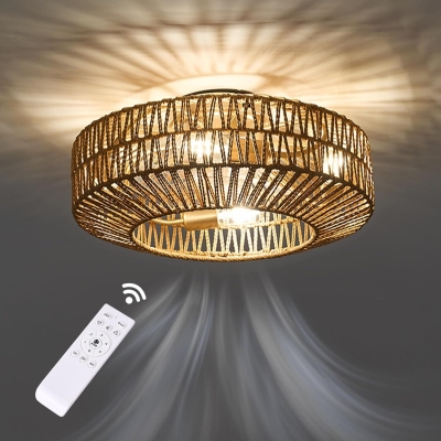 20 in. Woven Caged Ceiling Fans with Light, Low Profile Flush Mount Bladeless Remote Control Ceiling Fans, Industrial Farmhouse Boho Enclosed Ceiling Fan