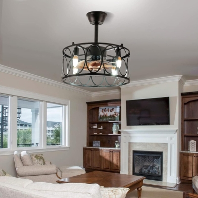 20 in. Small Caged Ceiling Fan with Light, Industrial Farmhouse Bladeless Chandelier Ceiling Fan for Bedroom Living Room Kitchen
