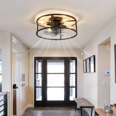 Black Flush Mount Caged Ceiling Fan with Light and Remote Control, Industrial Metal Blade Low Profile Fan for Dining Room Bedroom Kitchen Living Room