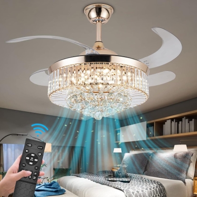 42 in. Chandelier Crystal Ceiling Fan with Light, Dimmable Modern Ceiling Fan with Remote, Retractable Invisible Fandelier for Bedroom Living Room