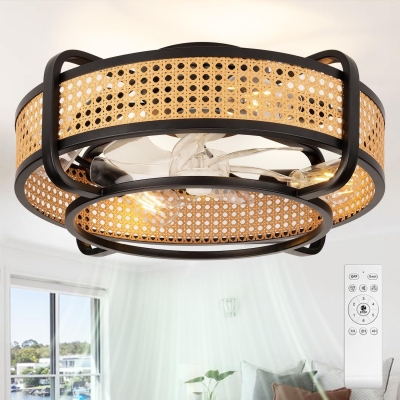 20 in. Boho Rattan Flush Mount Caged Ceiling Fan with Light and Remote, Bladeless Low Profile Reversible Ceiling Fans for Bedroom Living Room Kitchen