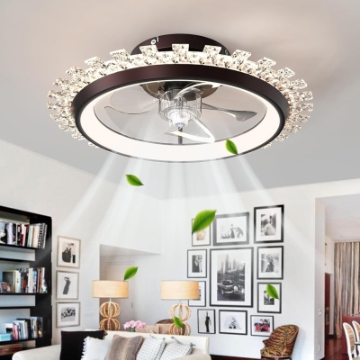 Modern Crystal Ceiling Fan with Lights and Remote, Black Flush Mount Dimmable LED Low Profile Ceiling Fan