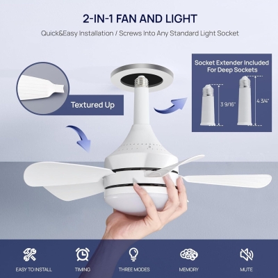 18 in. Socket Fan Light, Dimmable LED Small Ceiling Fan with Light, White Ceiling Fan for Kitchen Bedroom Basement, Garage Ceiling Fan