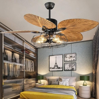 52 in. Indoor Vintage Tropical Ceiling Fans Chandelier with Remote, Industrial Caged Ceiling Fan, Quiet Black Palm Ceiling Fan