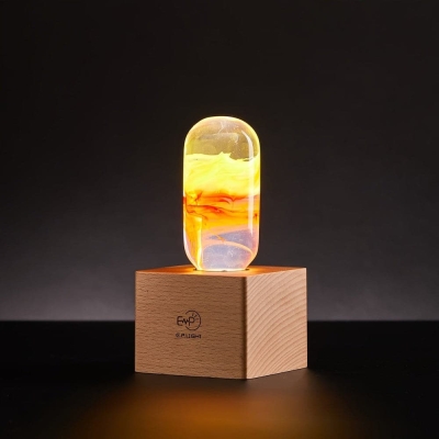 Red and White Capsule-Shaped EP Light LED Table Lamp with Vintage Square Wooden Base for Holiday Gift Festival Decor
