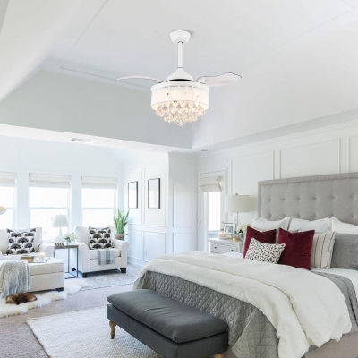 36 in. White Crystal Chandelier Ceiling Fan, Remote Control Ceiling Fan and Light for Bedroom, Retractable Blade Ceiling Fan with Light