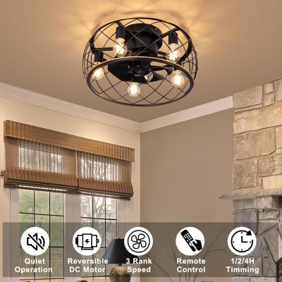 20 in. Flush Mount Low Profile Ceiling Fan with Light Fixture for Kitchen Bedroom, Farmhouse Caged Ceiling Fan with Light and Remote