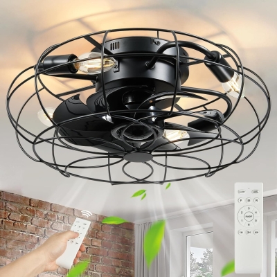 Small Enclosed Caged Ceiling Fan with Light and Remote, Black Vintage Industrial Flush Mount Ceiling Fan Light Fixture for Bedroom Living Room Dining Room