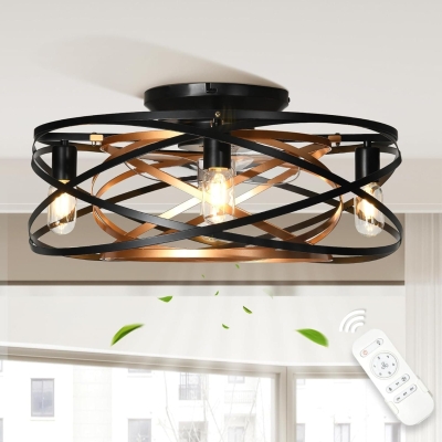 22 in. Bladeless Low Profile Flush Mount Ceiling Fan in Winter Summer, Matte Black Gold Enclosed Caged Ceiling Fan with Lights Remote Control