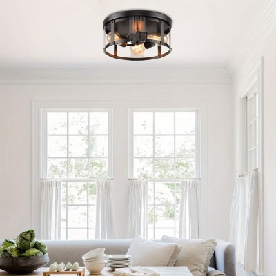 3-Light Drum Shaped Flush Mount Light, IndustrialBlack Flush Mount Light