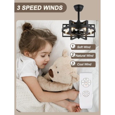 Black Caged Ceiling Fan with Lights, Enclosed Modern Ceiling Fan with Light and Remote, Low Profile Bedroom Ceiling Fans Living Room Fan