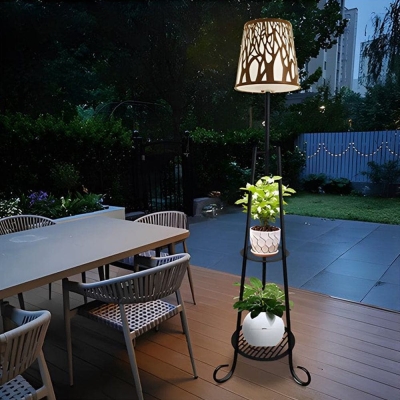 Modern Black Metal Solar-Powered Outdoor Floor Lamp with Dual Plant Stands, White PE Shade, Remote Control, and USB Charging Cable