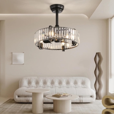 Flush Mount Chandelier Fan with Remote Control, Black Modern Crystal Caged Ceiling Fan for Living Room Bedroom