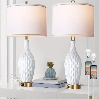 Set of 2 White Table NightStand Lamp with Linen Shade 3-Way Dimmable Touch Control  USB Ports, Modern Ceramic Nightstand Lamp for Bedroom Living Room