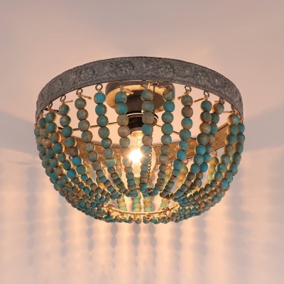 Bohemia Style Dome-Shaped Wood Beaded Teal Flush Mount Ceiling Light for Bedroom Dining Room Hallway Entryway