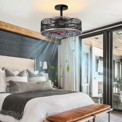 Black Small Caged Ceiling Fan, Industrial Farmhouse Remote Ceiling Fan with Light for Living Room Bedroom Kitchen