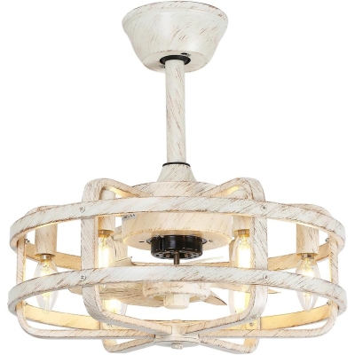 White Caged Ceiling Fan with Light, Retro Farmhouse Ceiling Fan for Bedroom Kitchen Living Room, Reversible Fan for Summer Winter, Fandelier Ceiling Fan