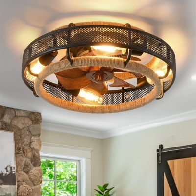 Woven Caged Low Profile Ceiling Fan with Lights, Enclosed Industrial Looking Ceiling Fan with Remote Control