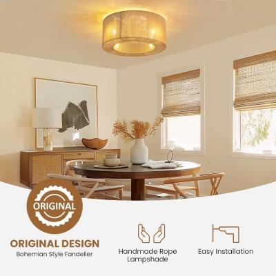 Flush Mount Low Profile Rattan Ceiling Fan with Light, Caged Bladeless Ceiling Fan with Remote, Boho Fandelier for Bedroom Kitchen Bathroom Living Room