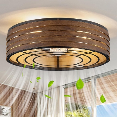 20 in. Caged Flush Mount Ceiling Fan with Remote, Reversible Walnut Wood Low Profile Ceiling Fan for Bedroom Kitchen, Outdoor Ceiling Fan for Gazebo Patio