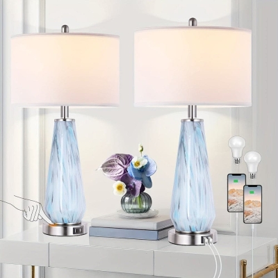 Set of 2 White Modern Table Lamp Bedside Lamp, Dimmable Drum-Shaped Nightstand Lamp with Touch Control USB Ports for Living Room Bedroom NightStand