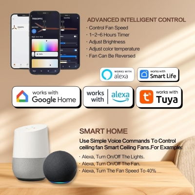 52 in. Smart Ceiling Fan with Remote APP Alexa Control, Bedroom Ceiling Fans with Lights, Indoor Modern Ceiling Fan Bedroom Ceiling Fans