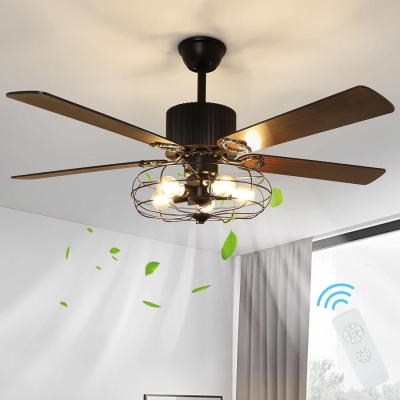 52 in. Caged Farmhouse Industrial Ceiling Fans with Light and Remote, Black Rustic Fan Light Fixture for Bedroom Living Room Dining Room
