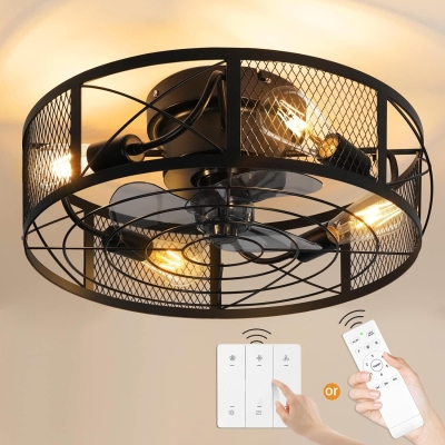 Caged Ceiling Fan with Light Remote Control 20 in. Small Black Industrial Low Profile Ceiling Fan, Reversible Quiet Ceiling Fans