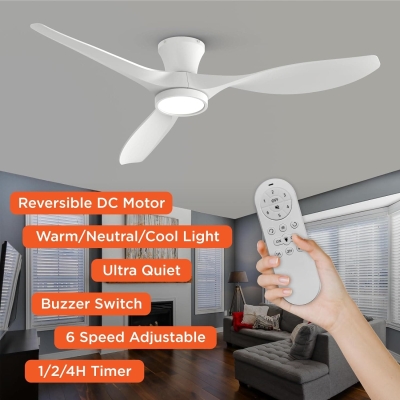 52 in. White Ceiling Fan with Lights Remote Control, Modern Low Profile Ceiling Fan, Quiet Ceiling Fans, Bedroom Ceiling Fans, Living Room Fan