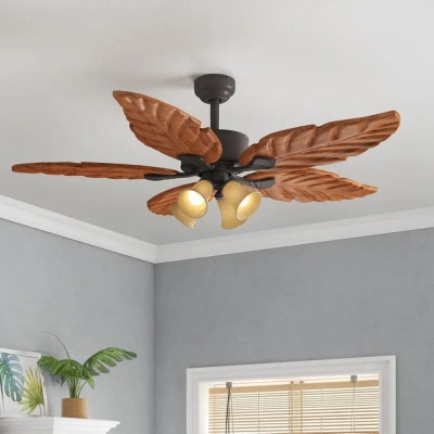52 in. Tropical LED Ceiling Fan with Light Kits Wood Blade Pull Chain Remote Control for Living Room
