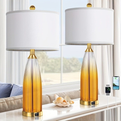 Set of 2 Large Vintage Table Lamp for Living Room with USB Ports, Drum-Shaded Bedside Lamp for Bedroom Nightstand, Coastal Desk Lamp for Side Table