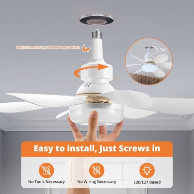 Base 20 in. Small Ceiling Fan with Lights, Socket Fan Light with Remote, Dimmable and Fan Light, Screw In White Ceiling Fan, Bedroom Ceiling Fans