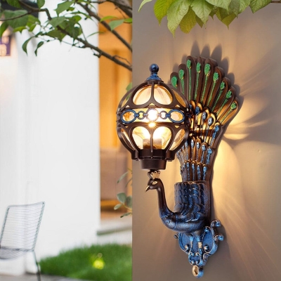 Vintage Peacock-Shaped Outdoor Wall Light, Rustproof &amp; Waterproof Die-Cast Aluminum with Hand-Painted Glass Lampshade, Available in Colored, Bronze, Black