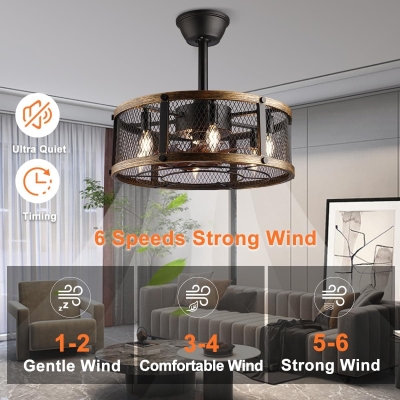 Farmhouse Small Caged Fandelier Ceiling Fan with Light and Remote, Rustic Bladeless Ceiling Fan with Low Profile Light for Kitchen Living Room
