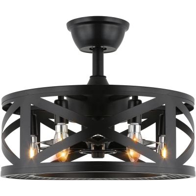 Black Caged Ceiling Fan with Lights, Farmhouse Industrial Rustic Ceiling Fan, Bladeless Flush Mount Quiet Enclosed Low Profile Ceiling Fan and Light