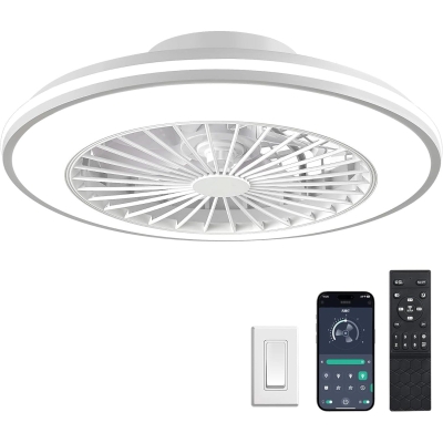 White Smart Ceiling Fan with Lights and Remote, Ceiling Fan on Low Ceiling with Light, Flush Mount Bladeless Modern Ceiling Fan, Bladeless Ceiling Fan