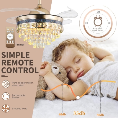 42 in. Luxury Crystal Ceiling Fan with Light and Bluetooth Speaker, Crystal Ceiling Fan for Living Room Dining Room Foyer Hotel
